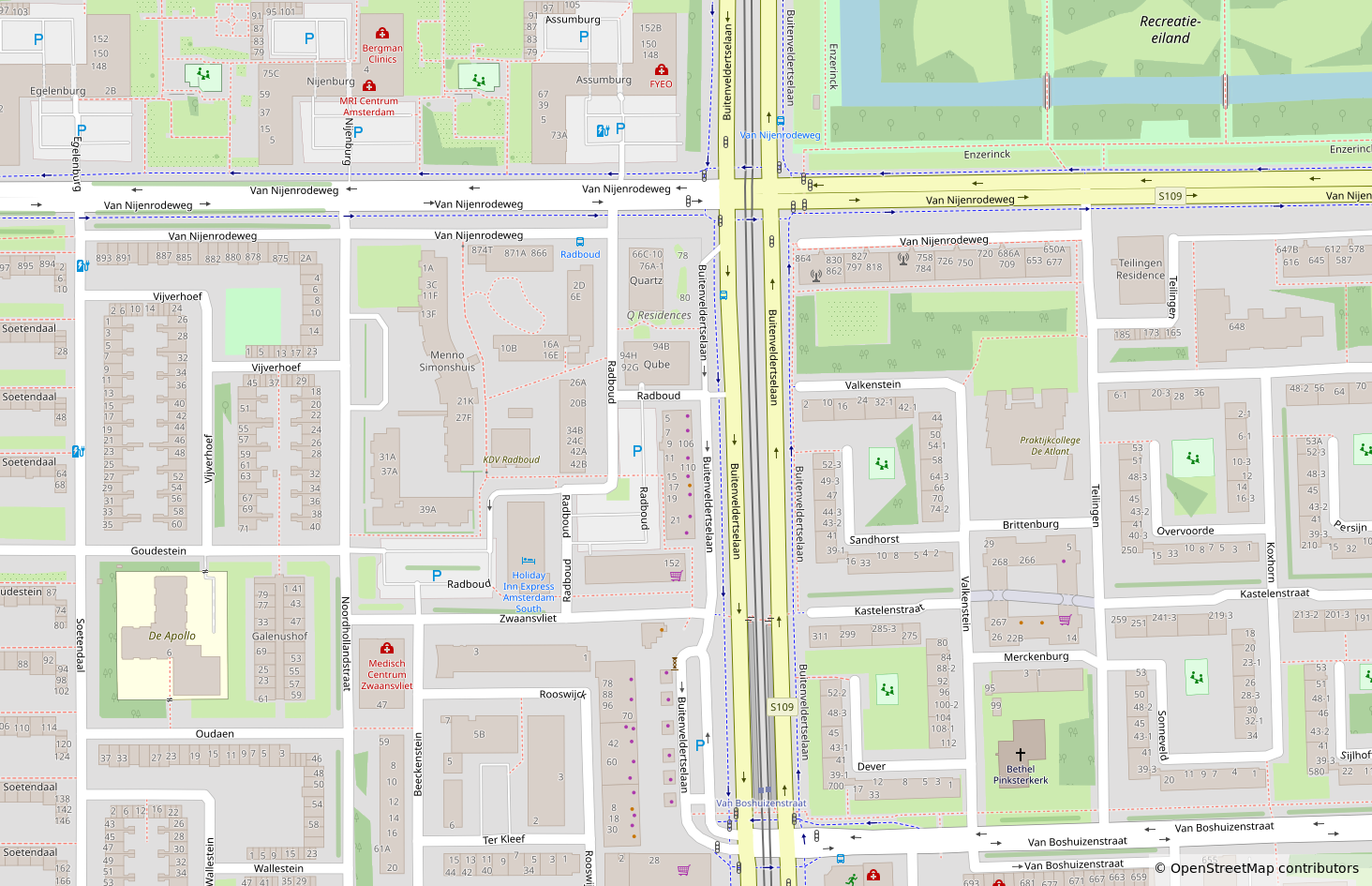 Plattegrond van Buitenveldert met ons kantoor aan Buitenveldertselaan 106, ten zuiden van de Van Nijenrodeweg.